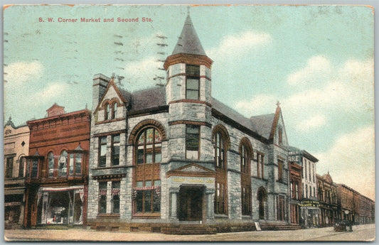 CLEARFIELD PA S.W. CORNER MARKET & SECOND STREET 1909 ANTIQUE POSTCARD