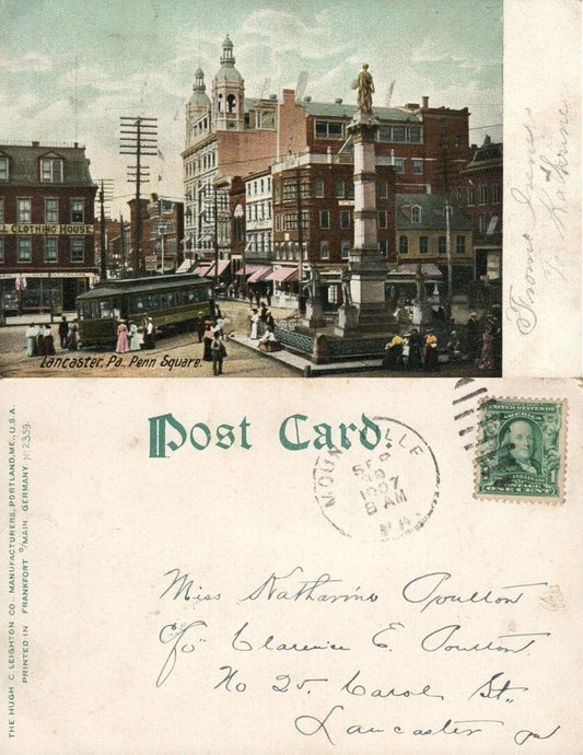 LANCASTER PA PENN SQUARE 1907 UNDIVIDED ANTIQUE POSTCARD trolley railroad