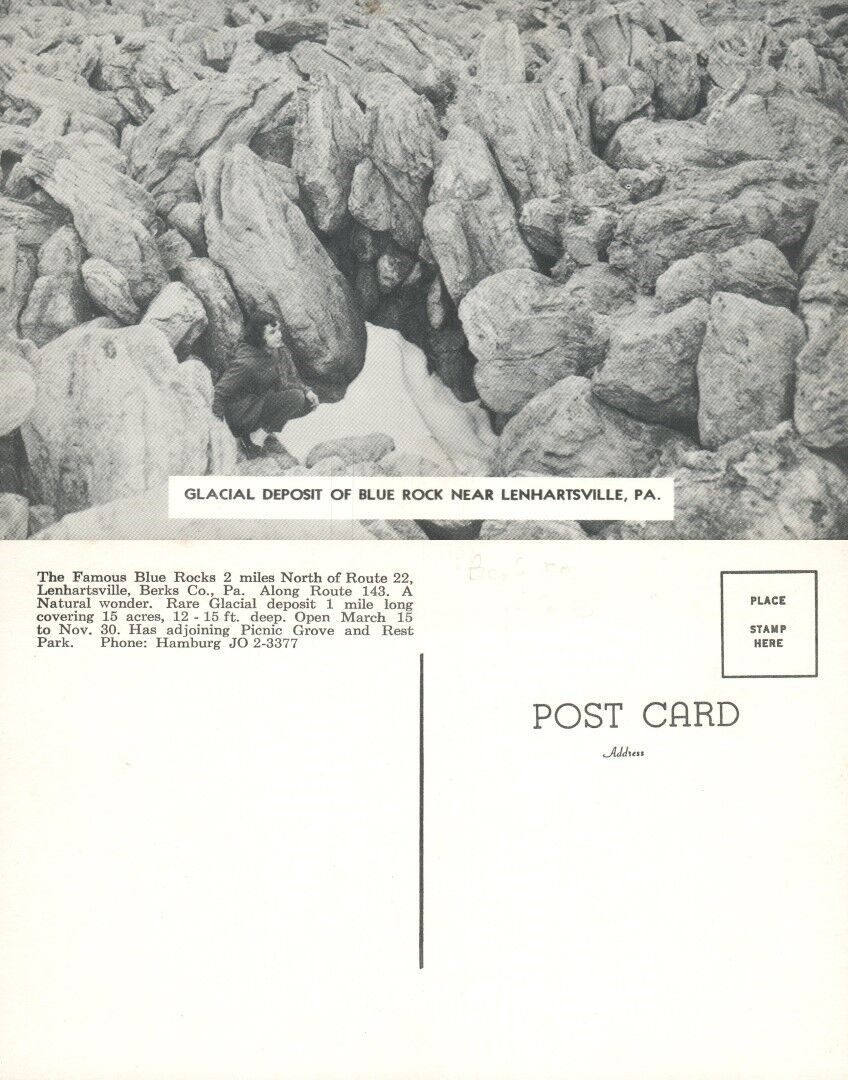 LENHARTSVILLE PA GLACIAL DEPOSIT ON BLUE ROCK VINTAGE POSTCARD