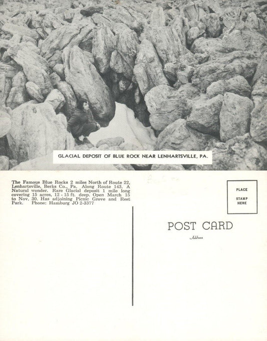 LENHARTSVILLE PA GLACIAL DEPOSIT ON BLUE ROCK VINTAGE POSTCARD