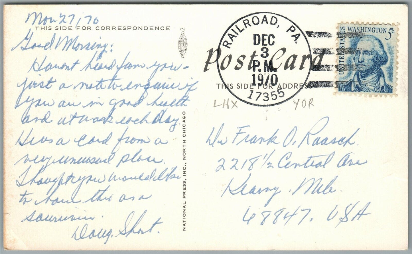 RAILROAD PA POST OFFICE VINTAGE POSTCARD