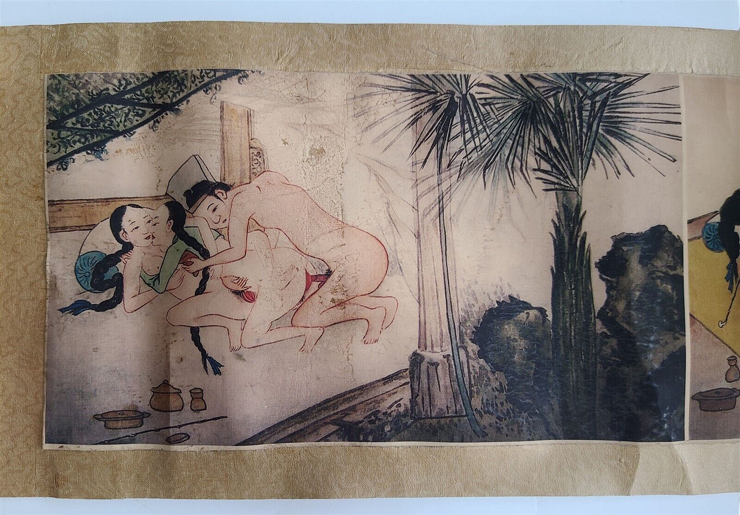 1920s CHINESE EROTIC SCROLL HAND PAINTED vintage SHUNGA 10 by 133"