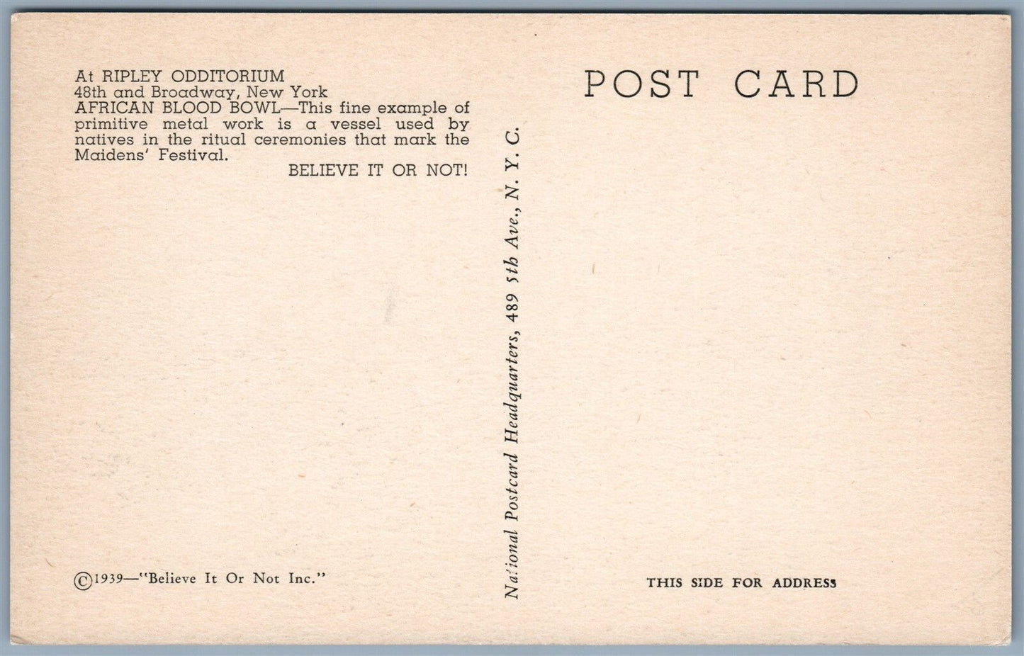 NEW YORK NY RIPLEY ODDITORIUM AFRICAN BLOOD BOWL VINTAGE POSTCARD