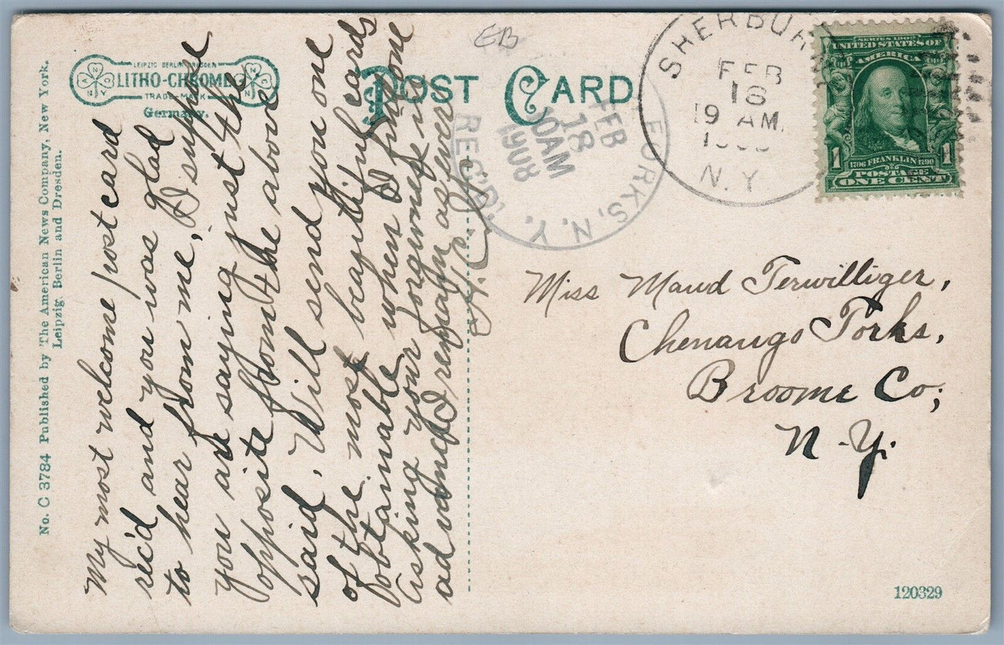 SHERBURNE NY MAIN STREET 1908 ANTIQUE POSTCARD