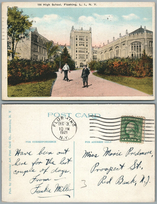 LONG ISLAND FLUSHING N.Y. HIGH SCHOOL 1921 ANTIQUE POSTCARD