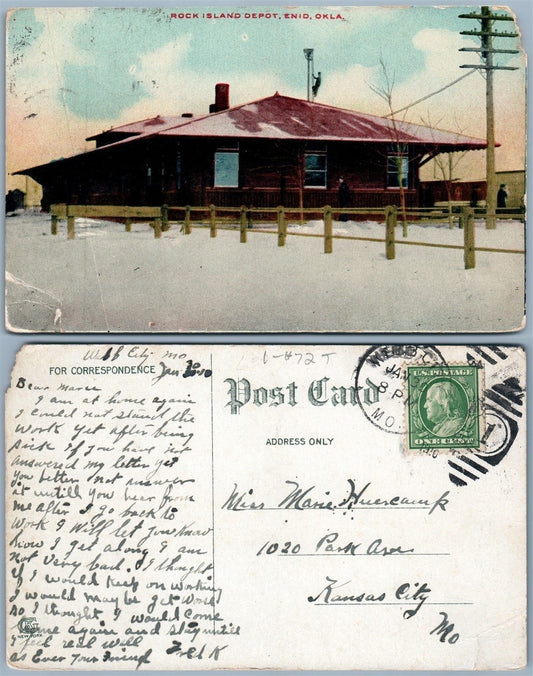 ENID OK ROCK ISLAND RAILROAD DEPOT 1910 ANTIQUE POSTCARD RAILWAY STATION