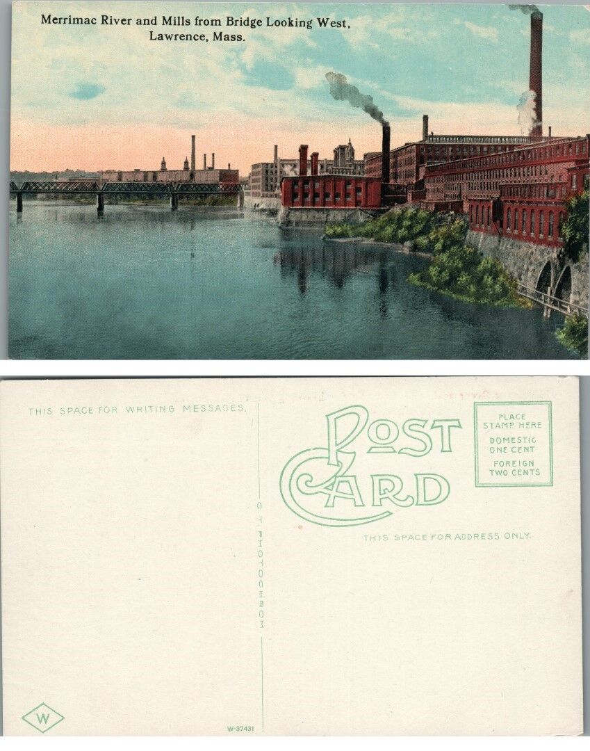 MERIMAC RIVER & MILLS FROM BRIDGE LAWRENCE MA ANTIQUE POSTCARD