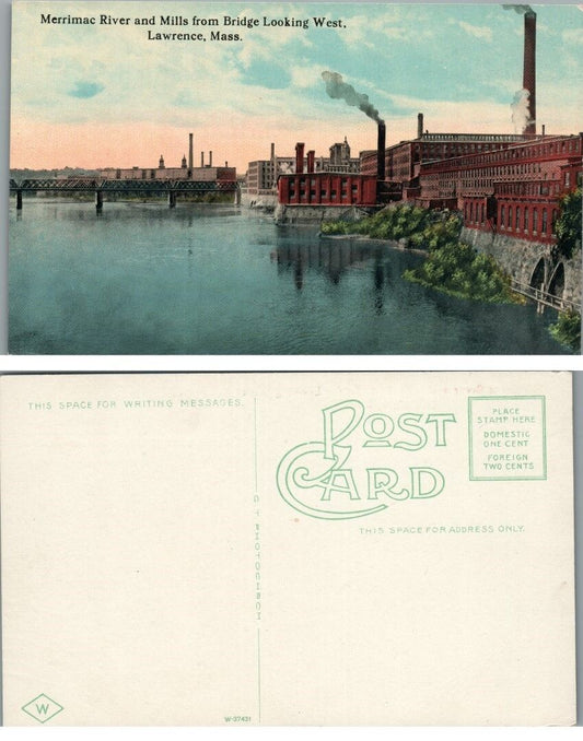 MERIMAC RIVER & MILLS FROM BRIDGE LAWRENCE MA ANTIQUE POSTCARD