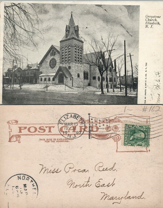 ANTIQUE 1907 UNDIVIDED POSTCARD GREYSTONE CHURCH ELIZABETH N.J.