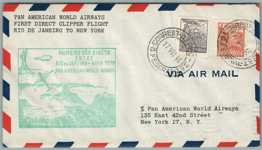 BRAZIL to NY PAN AMERICAN WORLD AIRWAYS 1st DIRECT CLIPPER FLIGHT VINTAGE COVER