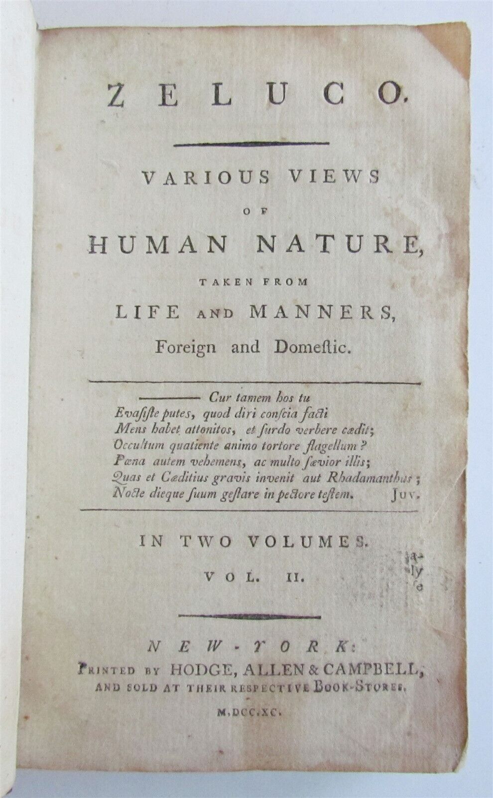 1790 ZELUGO VARIOUS VIEWS of HUMAN NATURE antique AMERICAN EDITION Vol. II