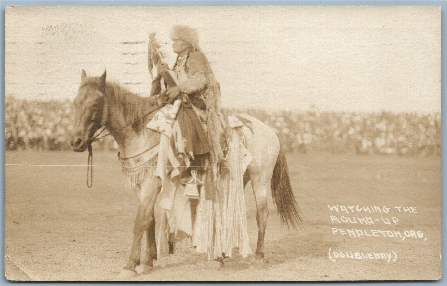 INDIAN WATCHING THE ROUND-UP PENDLETON ORE 1923 VINTAGE REAL PHOTO POSTCARD RPPC