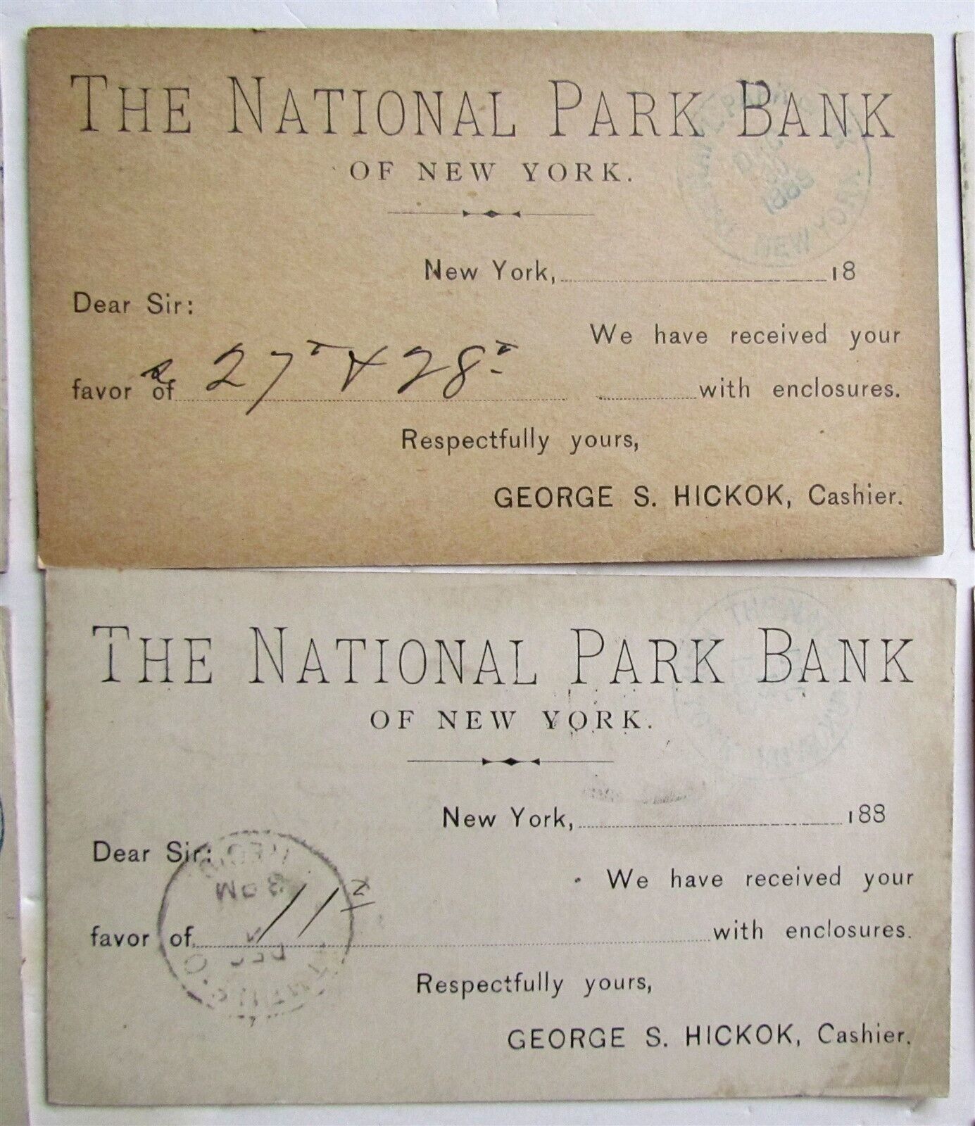 1880s-1890s LOT of 14 NATIONAL PARK BANK of NY ANTIQUE STATEMENT CARDS POSTCARDS