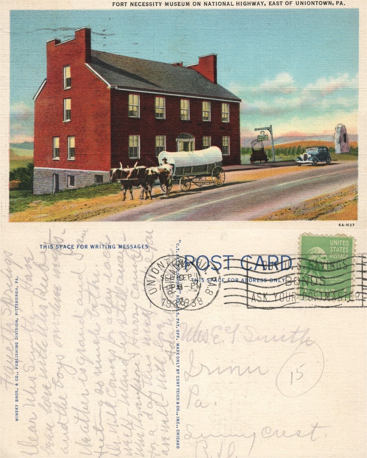 UNIONTOWN PA NATIONAL HIGHWAY FORT NECESSITY MUSEUM 1938 VINTAGE POSTCARD