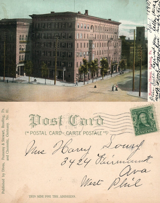 READING PA MANSION HOUSE ANTIQUE POSTCARD