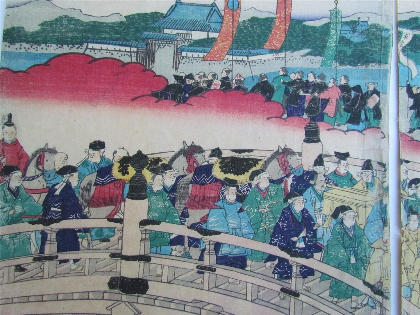 JAPANESE WOODBLOCK PRINT TRIPTYCH EMPEROR MEIJI ENTERS TOKYO by U. KUNITERU II