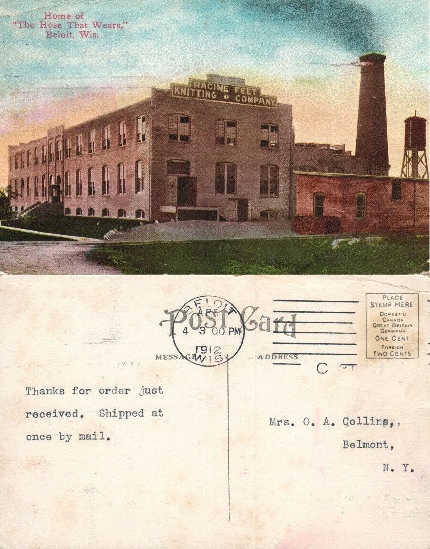 BELOIT WIS RACINE FEET KNITTING COMPANY ANTIQUE POSTCARD HOME OF HOSE THAT WEARS