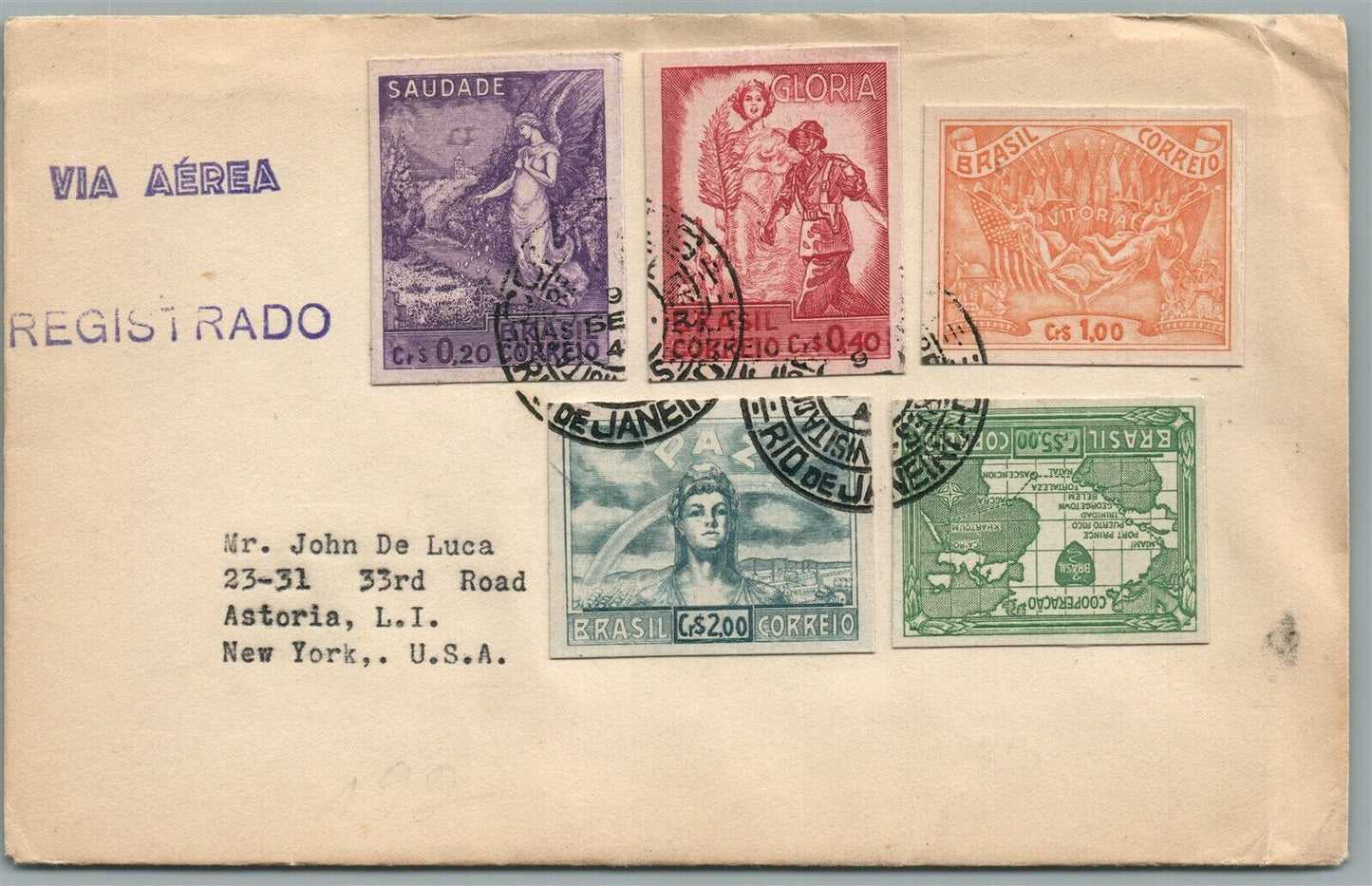 BRAZIL USA via AEREA REGISTRADO VINTAGE COVER w/ STAMPS