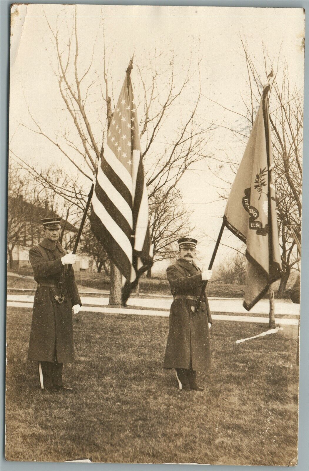 OFFICERS w/ AMERICAN FLAG WWI ERA ANTIQUE REAL PHOTO POSTCARD RPPC