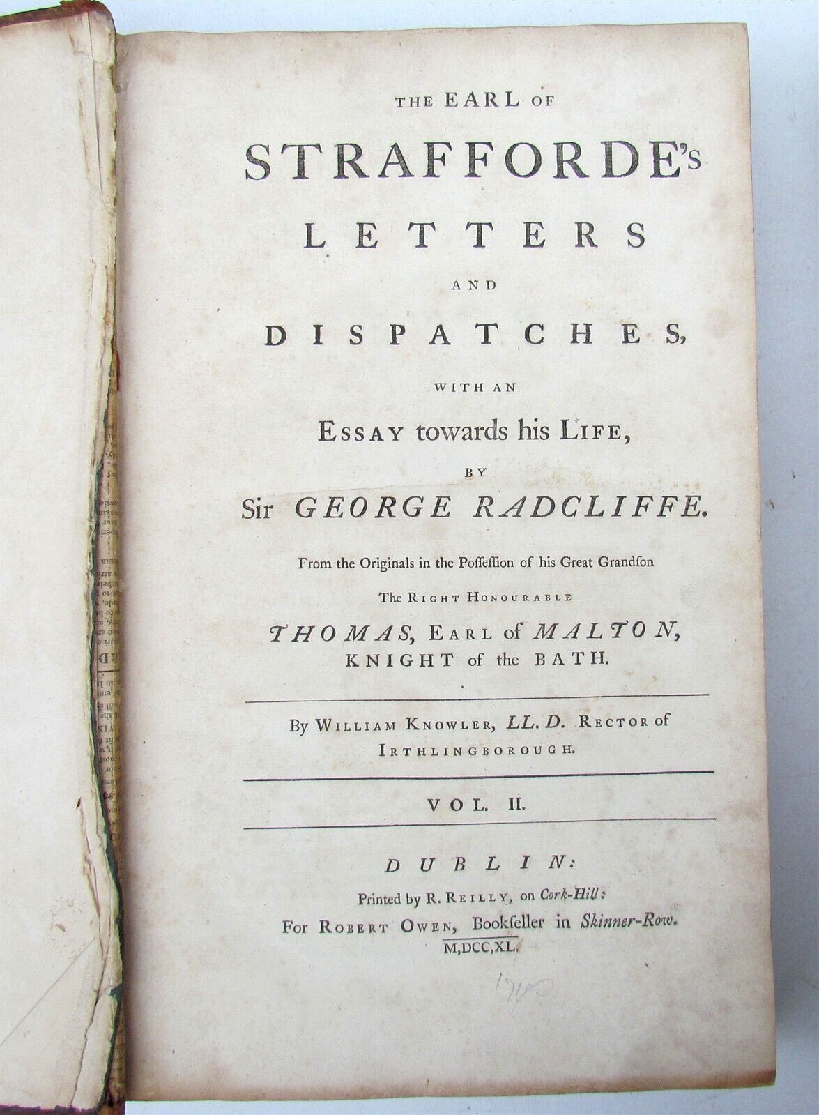 1740 STAFFORDE'S LETTERS & DISPATCHES by WILLIAM KNOWLER 2 FOLIO VOLUMES antique