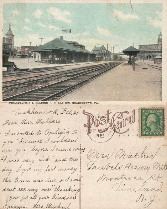 QUAKERTOWN PA RAILROAD STATION 1923 ANTIQUE POSTCARD railway depot BUCKS CO,