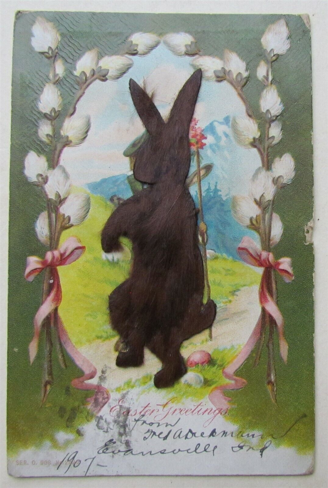 EASTER GREETINGS ANTIQUE POSTCARD w/ APPLIQUE REAL FUR RABBIT