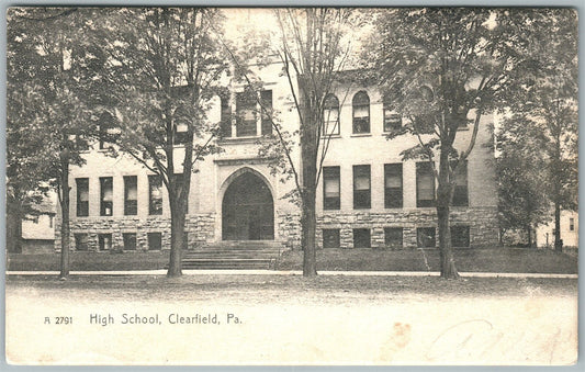 CLEARFIELD PA HIGH SCHOOL 1906 UNDIVIDED ANTIQUE POSTCARD w/ CORK CANCEL