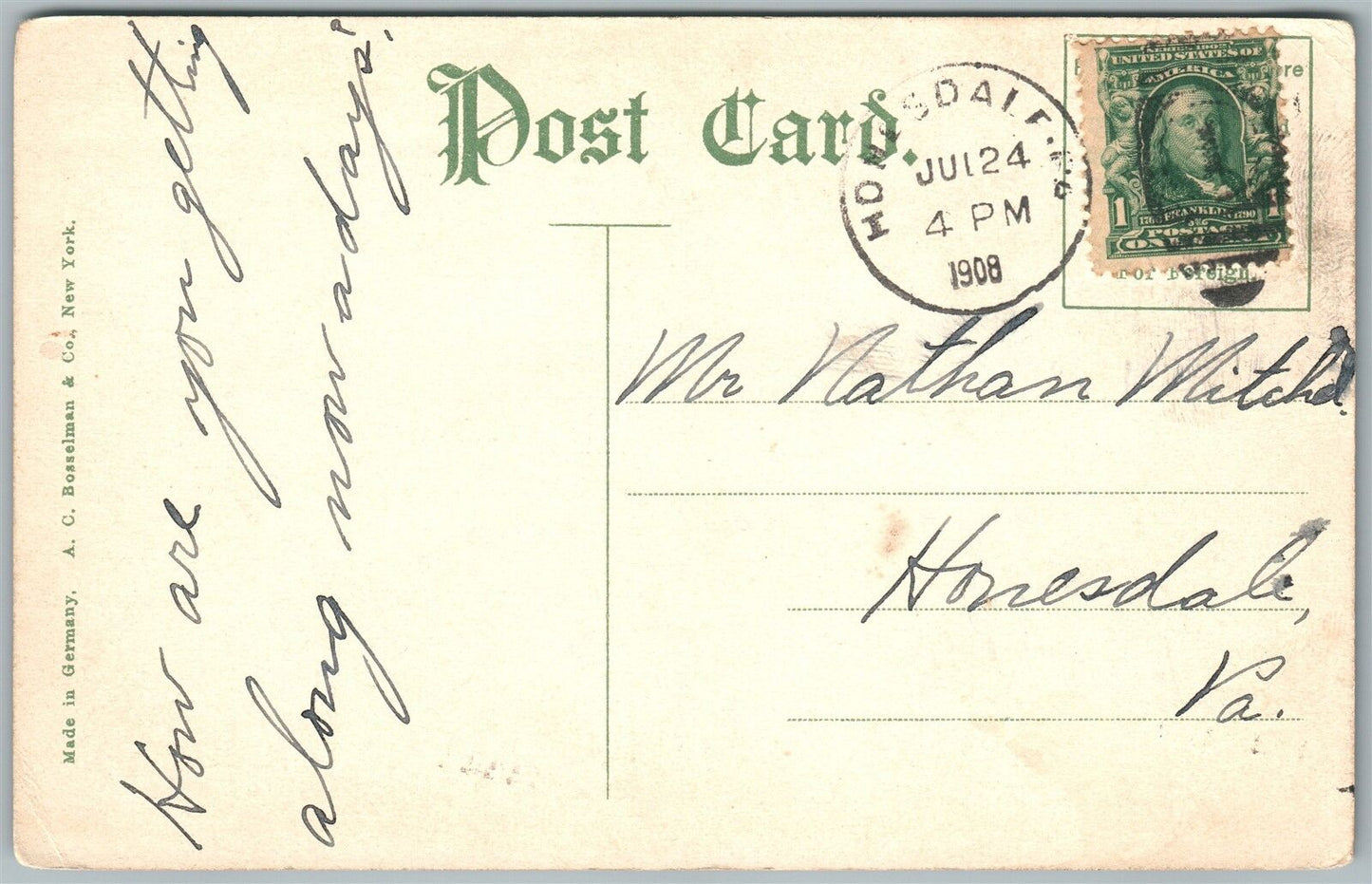 SEELYVILLE WAYNE COUNTY PA 1908 ANTIQUE POSTCARD