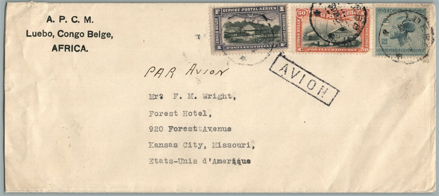 BELGIAN CONGO AFRICA to KANSAS CITY USA VINTAGE COVER w/ STAMPS