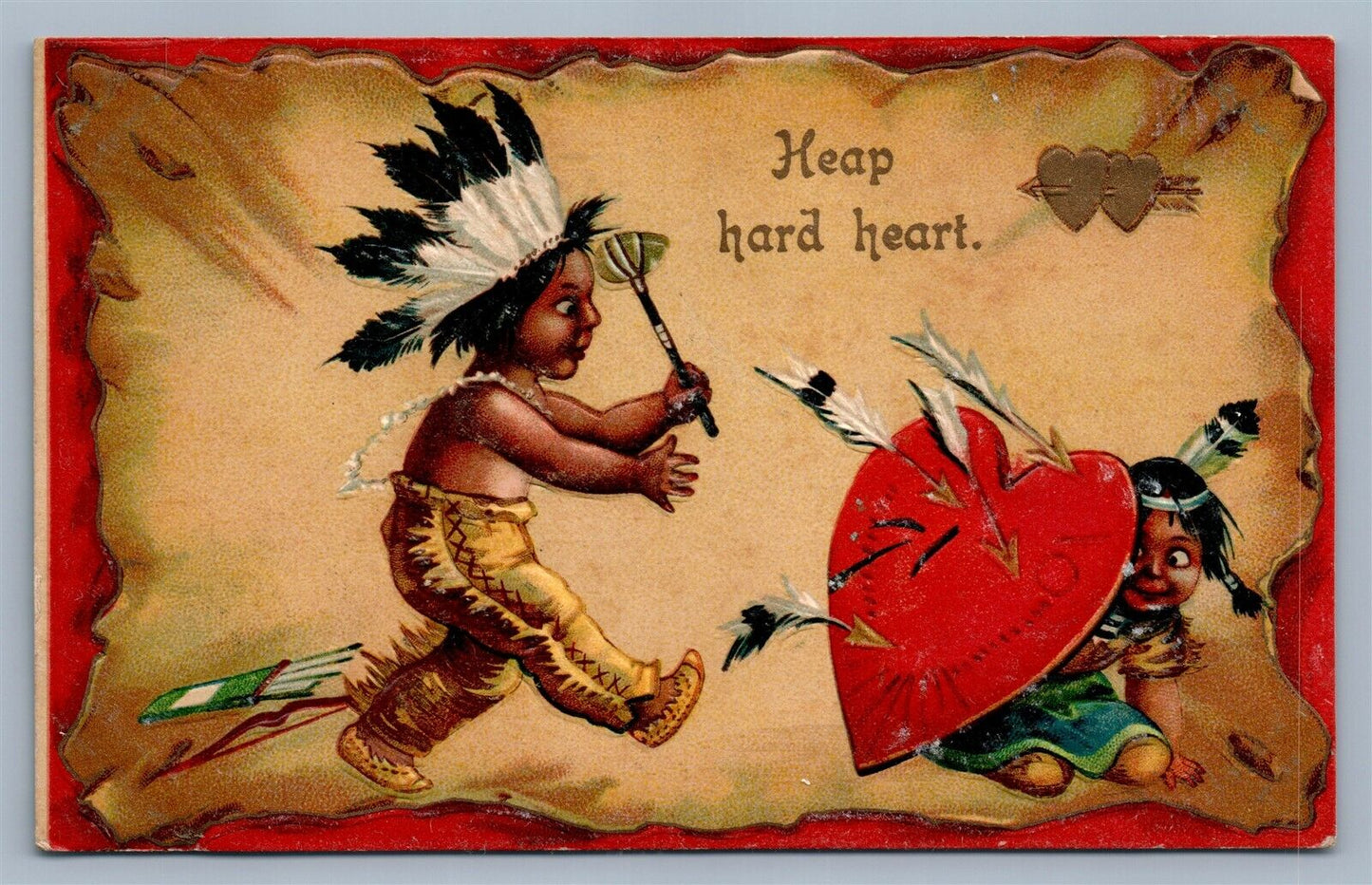 AMERICAN INDIAN PLAYING KIDS ANTIQUE EMBOSSED POSTCARD HEAP HARD HEART