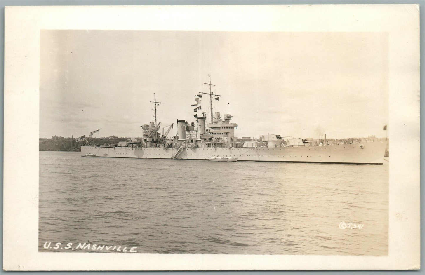 MILITARY SHIP USS NASHVILLE ANTIQUE REAL PHOTO POSTCARD RPPC