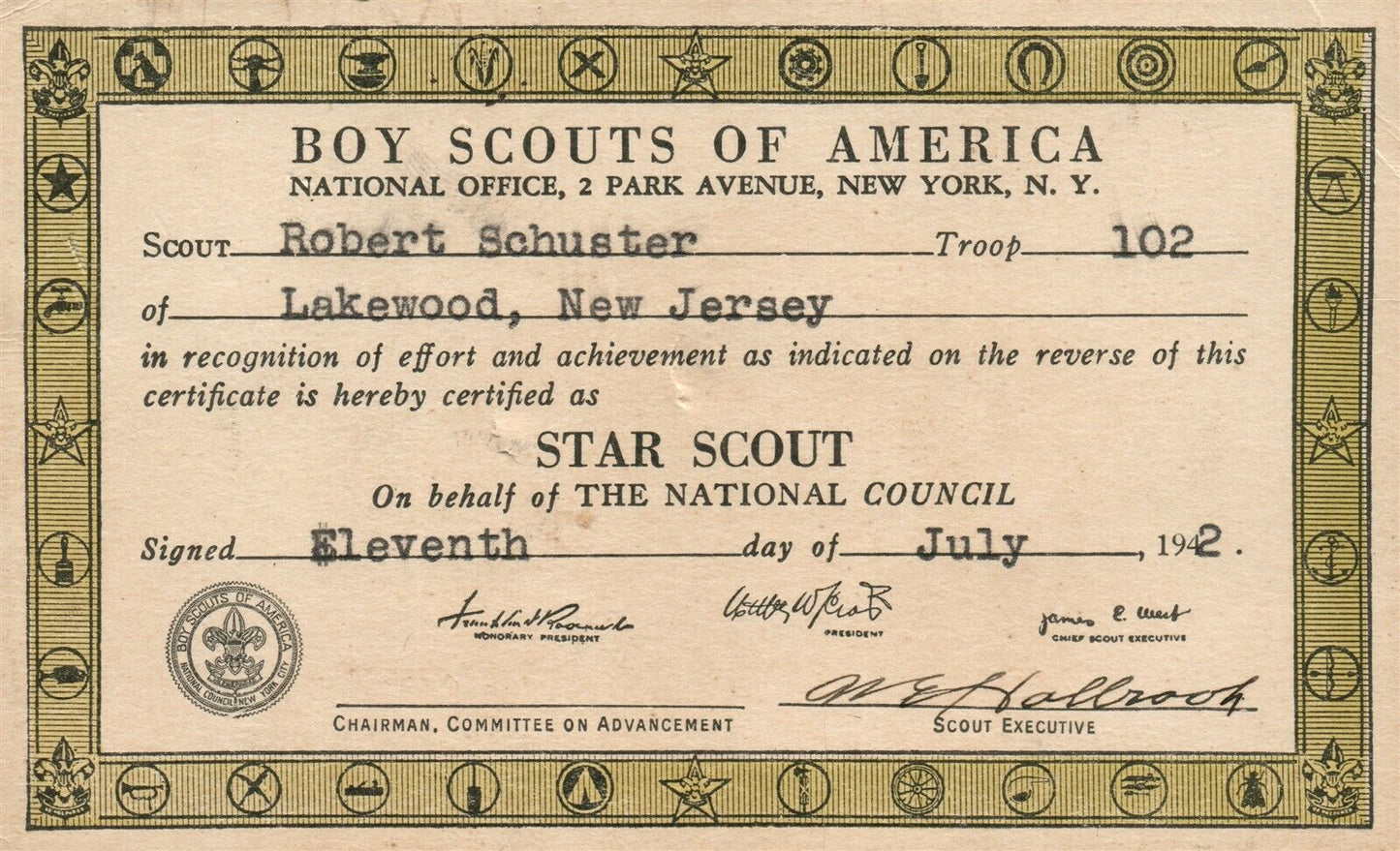 BOY SCOUTS OF AMERICA CERTIFICATE 1942 VINTAGE POSTCARD