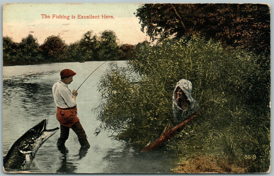 FISHING 1914 ANTIQUE EXAGGERATED POSTCARD