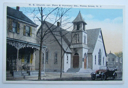 VINTAGE POSTCARD -  M.E.CHURCH CORNER of PENN & HARMONY STREETS PENNS GROVE NJ
