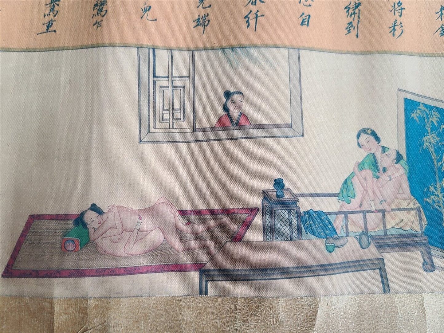 1920s CHINESE EROTIC SCROLL HAND PAINTED vintage SHUNGA 10 by 94"