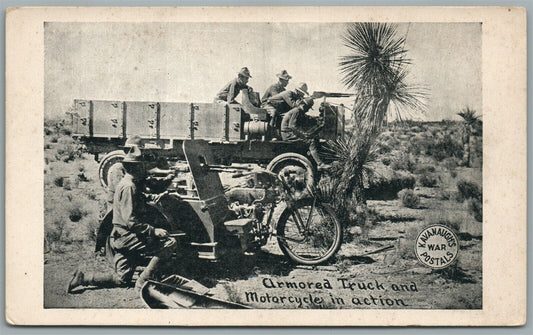 ARMORED TRUCK & MOTORCYCLE IN ACTION ANTIQUE POSTCARD