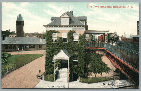 ELIZABETH NJ TWO RAILROAD STATIONS RAILWAY TRAIN DEPOT ANTIQUE POSTCARD