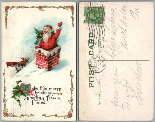 CHRISTMAS WISHES SANTA in CHIMNEY w/ REINDEERS ANTIQUE POSTCARD