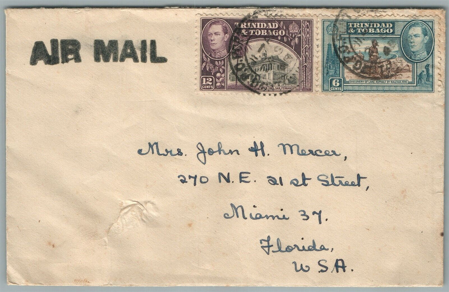 TRINIDAD & TOBAGO TO MIAMI USA VINTAGE COVER w/ STAMPS