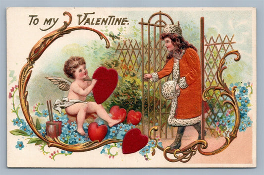 VALENTINE ANTIQUE POSTCARD CUPID w/ SILK HEART GIRL WITH APPLIQUE COAT