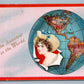 VALENTINE DAY ANTIQUE POSTCARD LADY in GLOBE