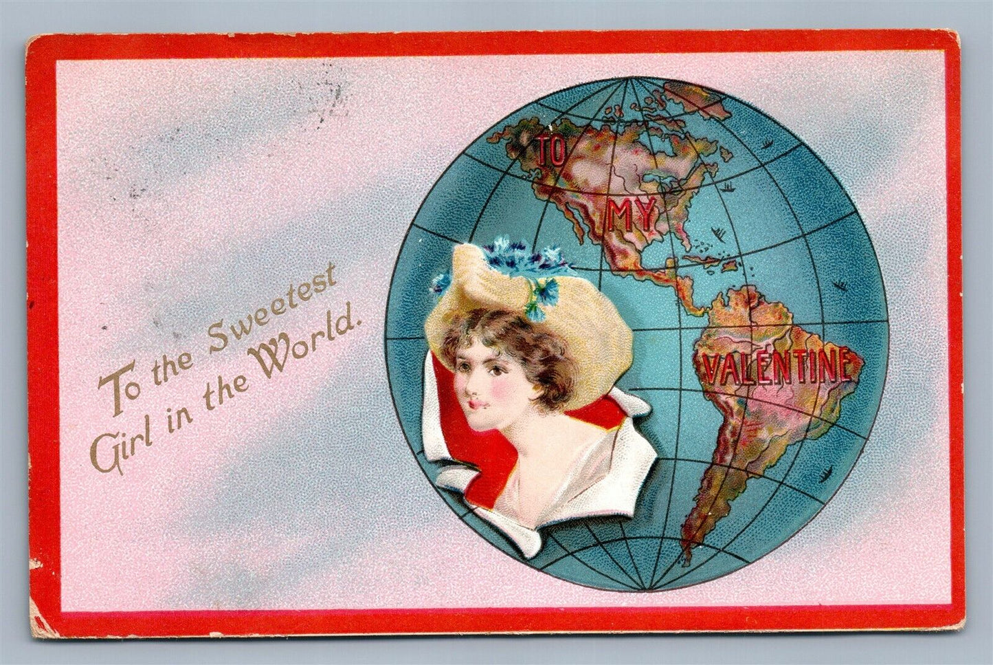 VALENTINE DAY ANTIQUE POSTCARD LADY in GLOBE