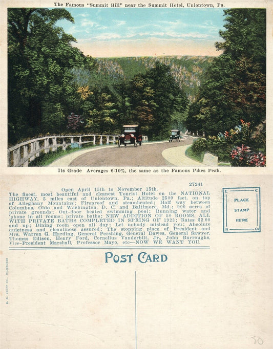 UNIONTOWN PA SUMMIT HILL NEAR SUMMIT HOTEL ANTIQUE POSTCARD