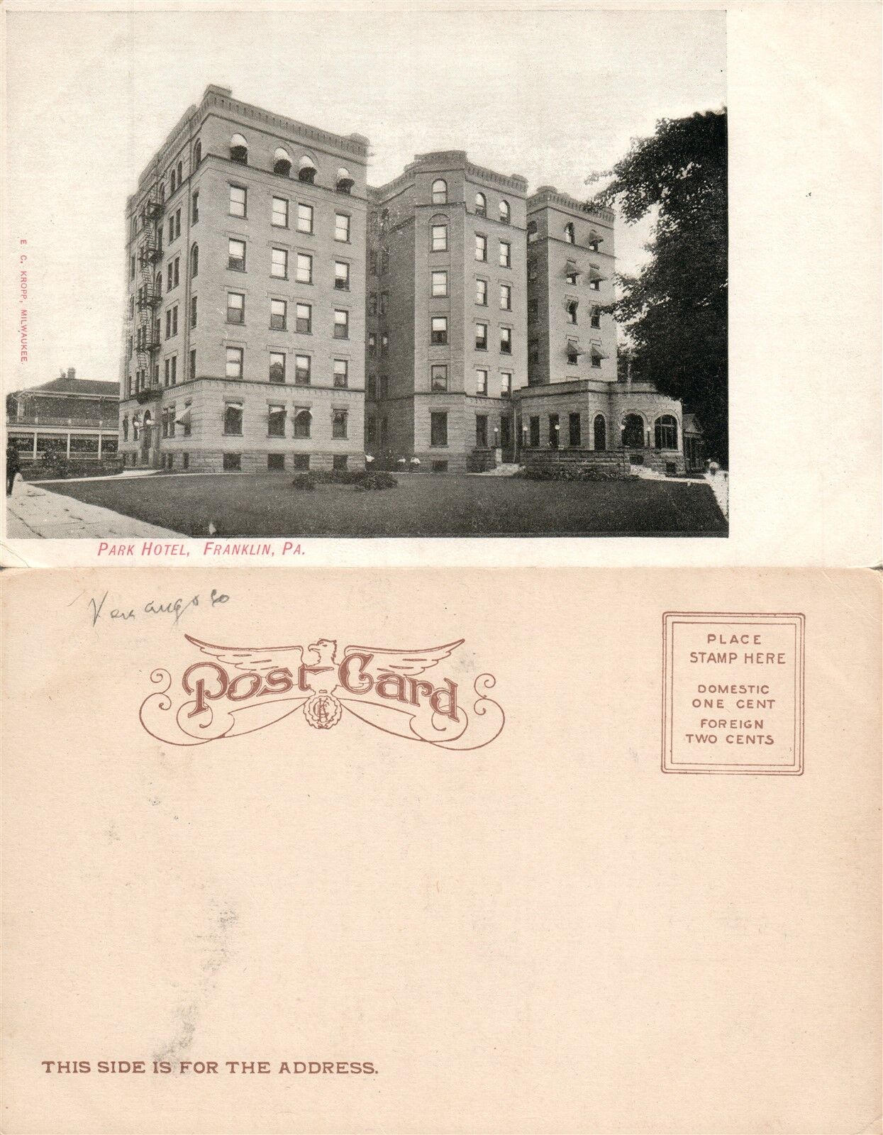 FRANKLIN PA PARK HOTEL UNDIVIDED ANTIQUE POSTCARD