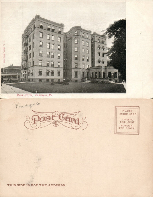 FRANKLIN PA PARK HOTEL UNDIVIDED ANTIQUE POSTCARD