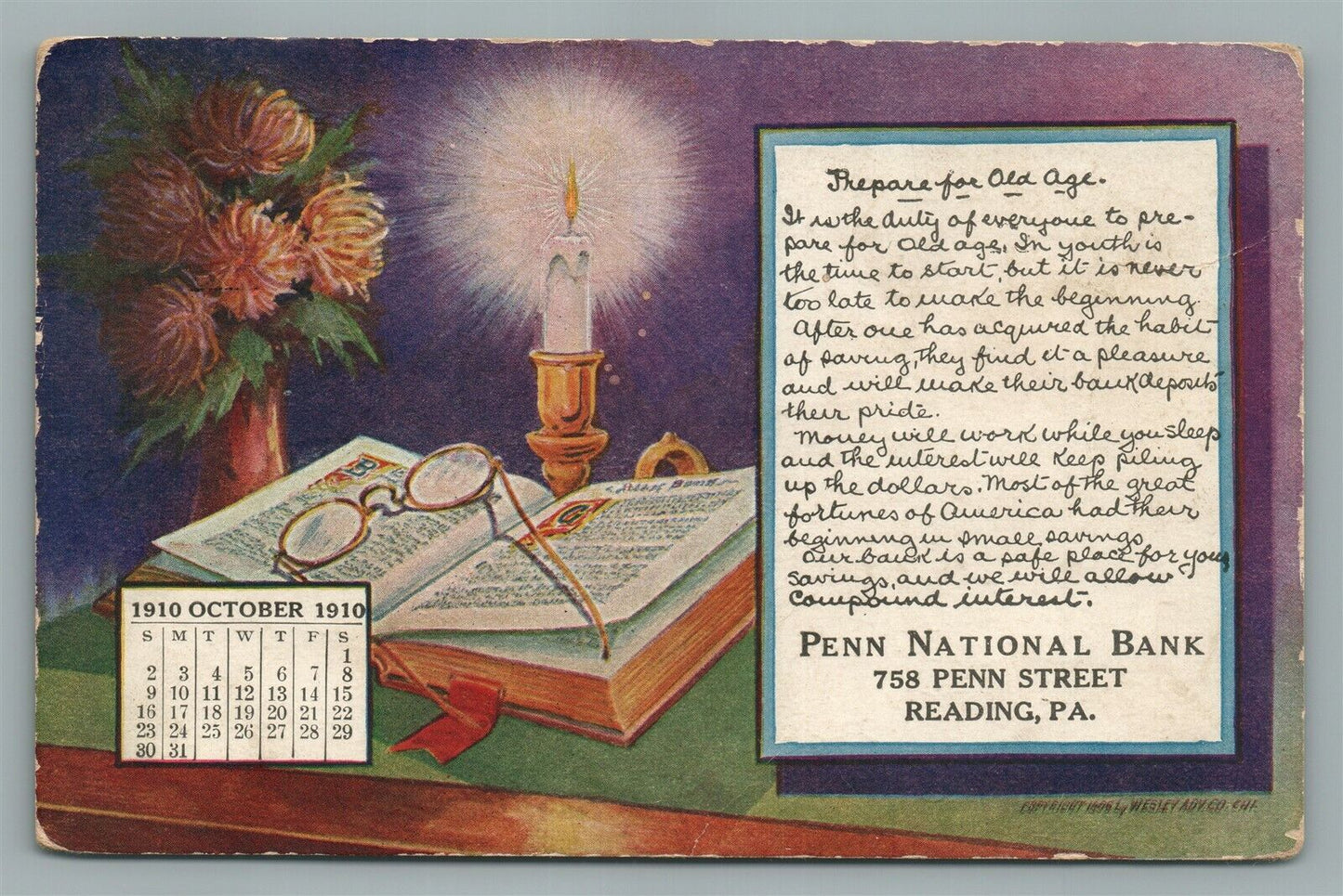 READING PA PENN NATIONAL BANK ADVERTISING ANTIQUE POSTCARD w/ 1910 CALENDAR