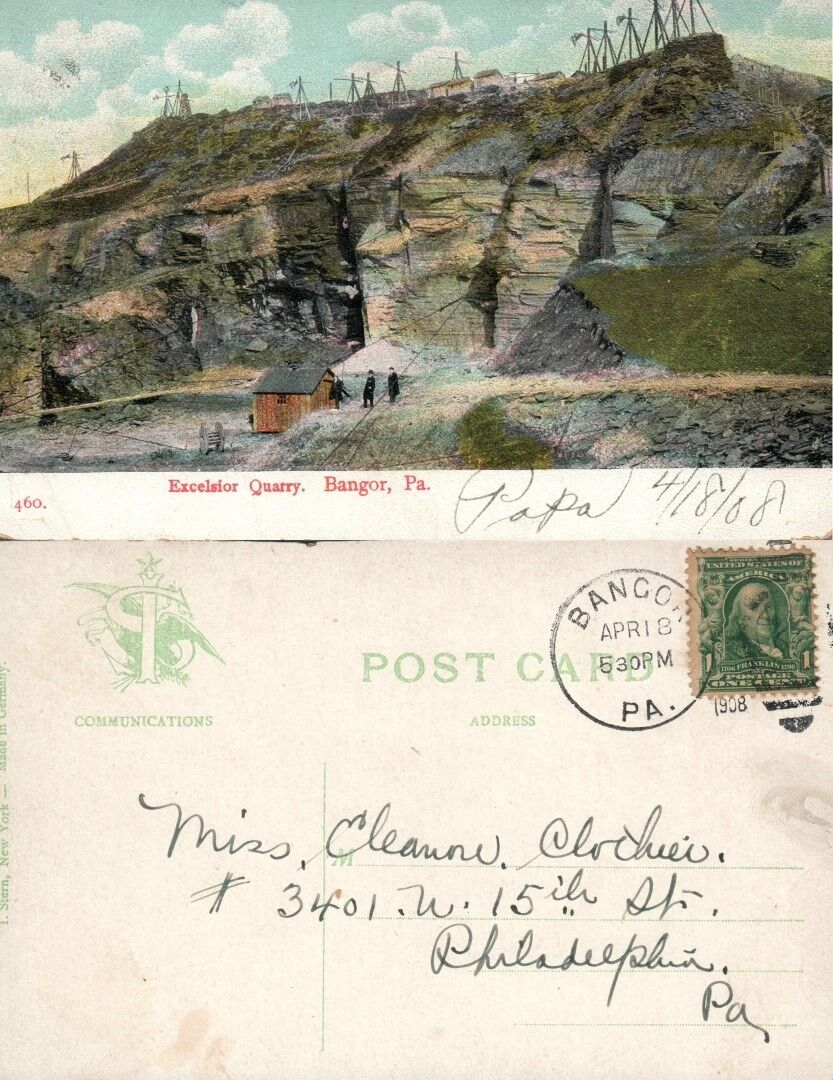 BANGOR PA EXCELSIOR QUARRY 1908 ANTIQUE POSTCARD w/ CORK CANCEL