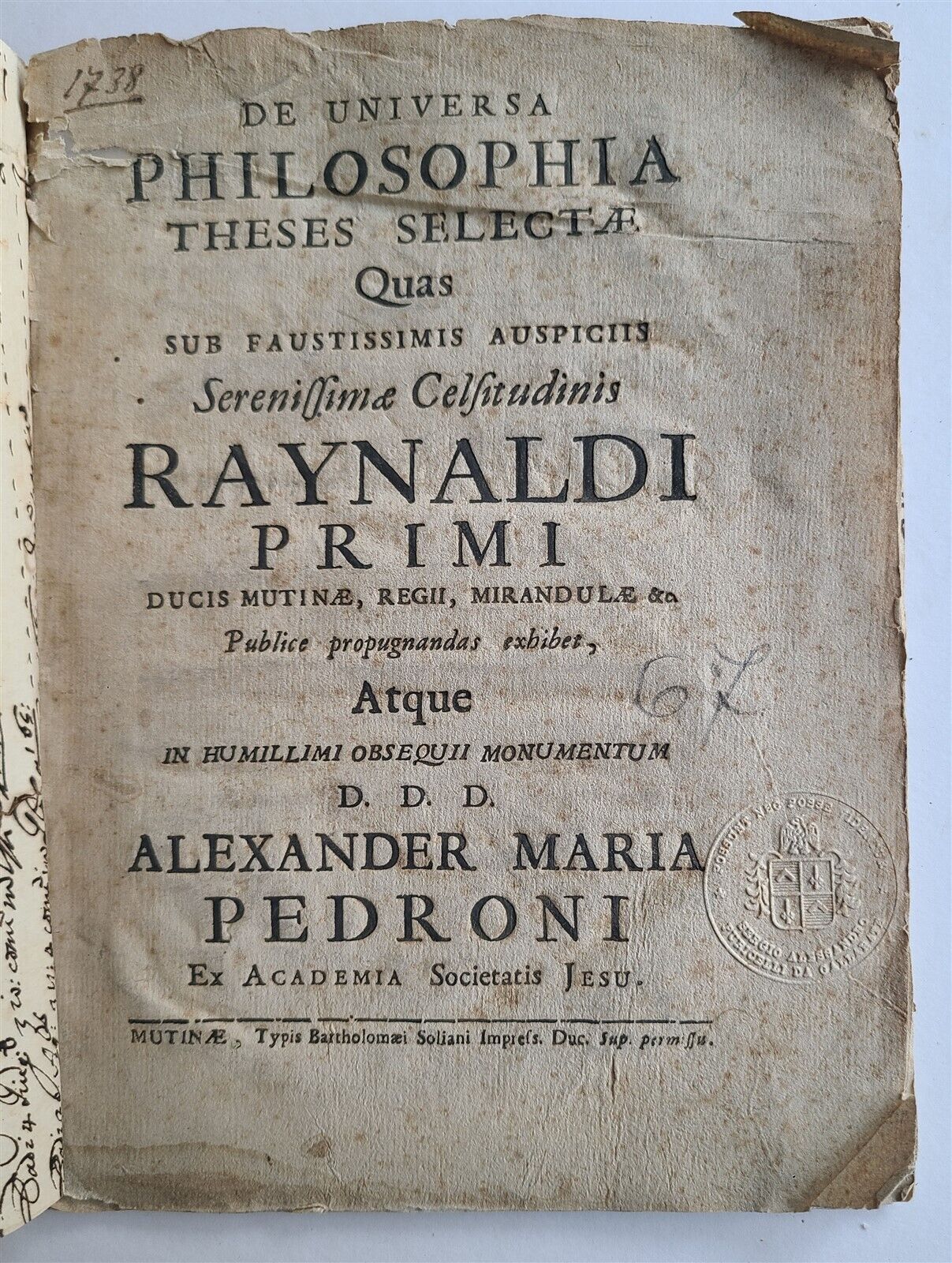 1750s DE UNIVERSA PHILOSOPHIA by Jesuit ALEFANDER MARIA PEDRONI antique BOOKLET