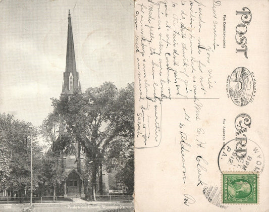 WYOMING PA PRESBYTERIAN CHURCH ANTIQUE 1912 POSTCARD