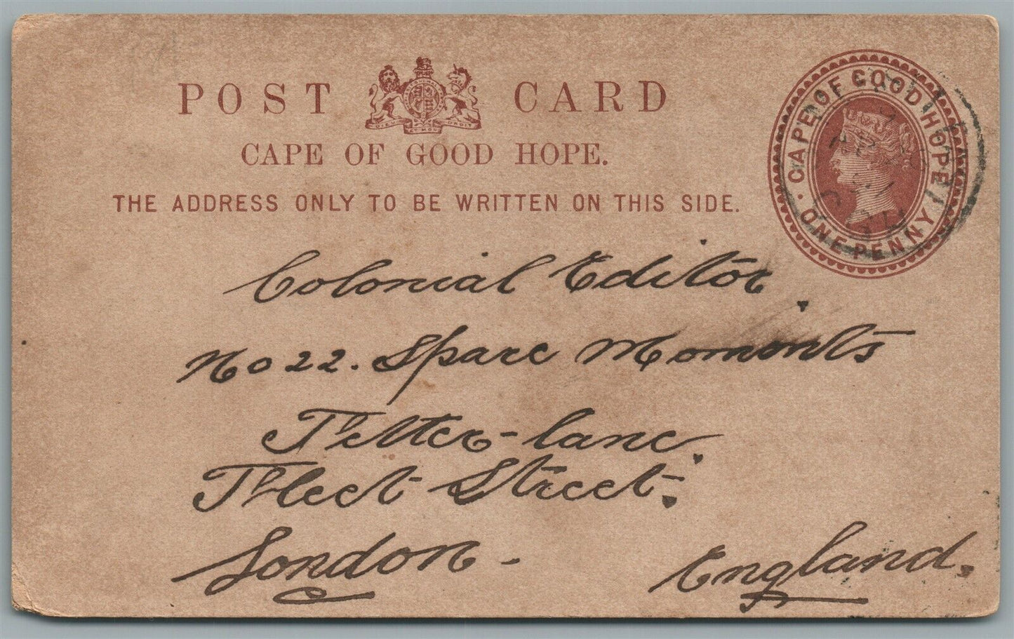 SOUTH AFRICAN CAPE OF GOOD HOPE to LONDON ANTIQUE POSTCARD